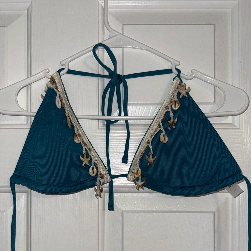 Teal Tie Up Bikini Top w/ Lace and Shell Accents- Size L